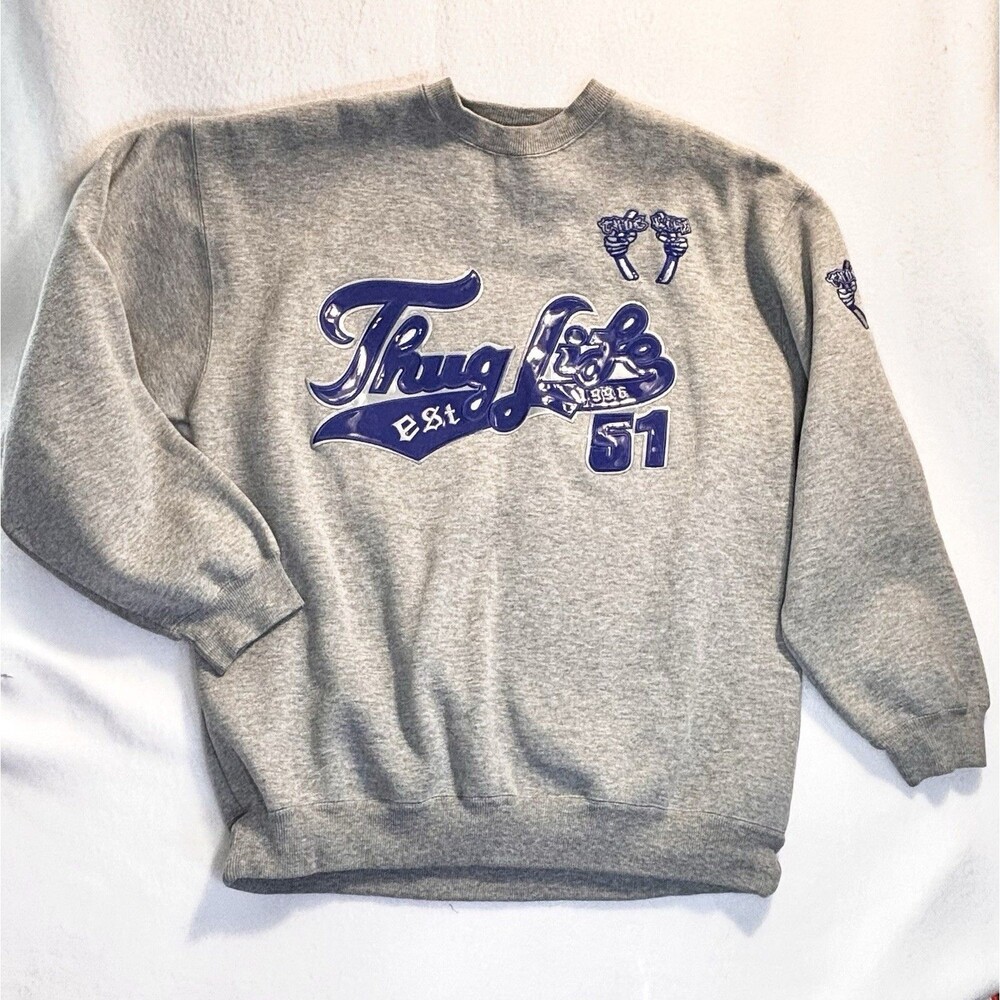 Vintage 2pac Thug Life 51 Thick Sweatshirt Gray Shiny Blue Script Men’s 2XL